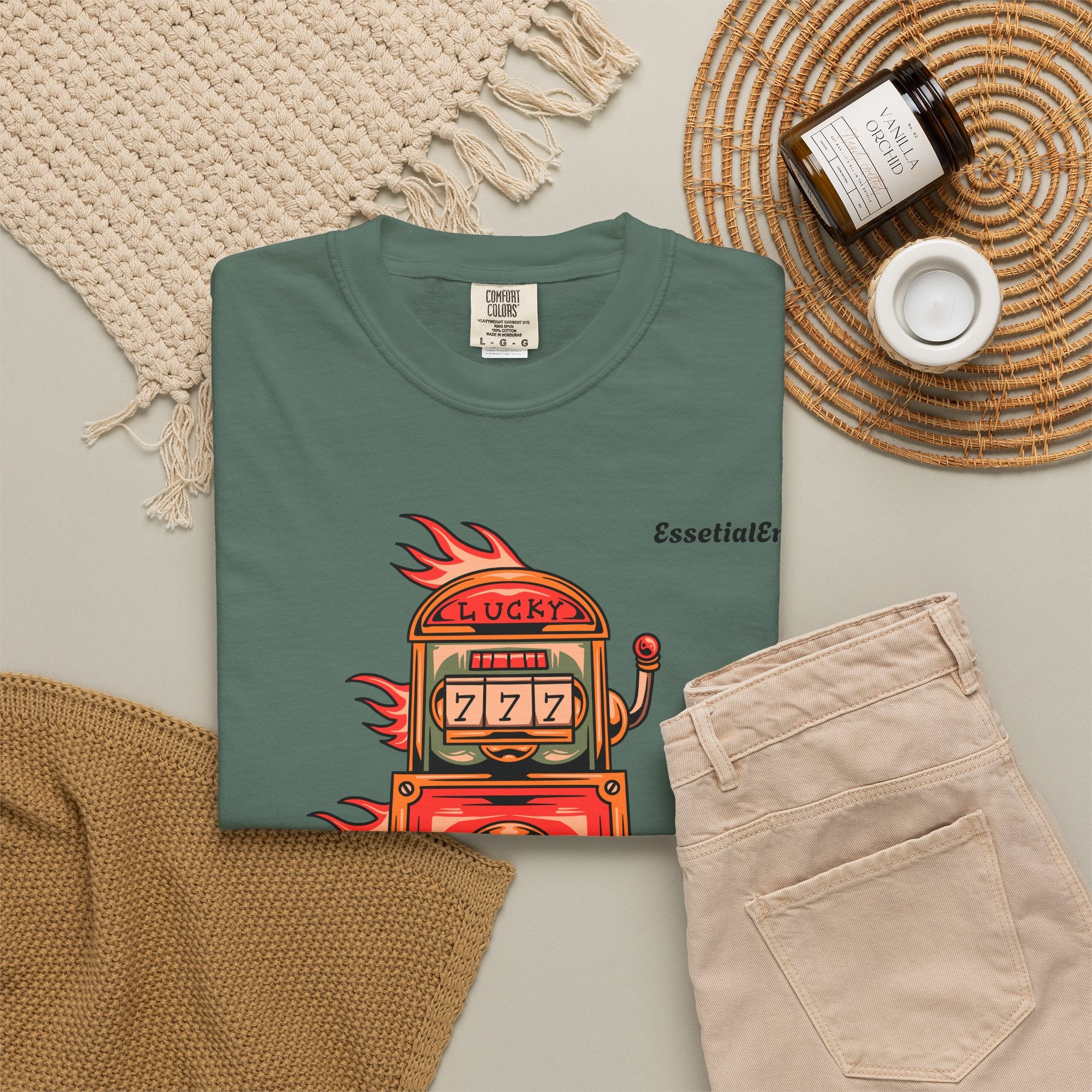 Lucky Game 777 T-Shirt | Retro Slot Machine Graphic | Essential Entry||Unisex Garment-Dyed T-shirt